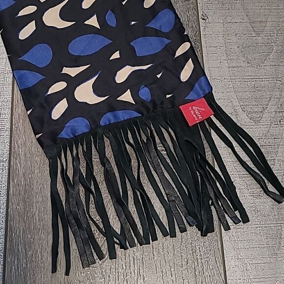 Bien  Abye Blue and Black Patterned Silk Scarf with Leather Fringe - Picture 3 of 6